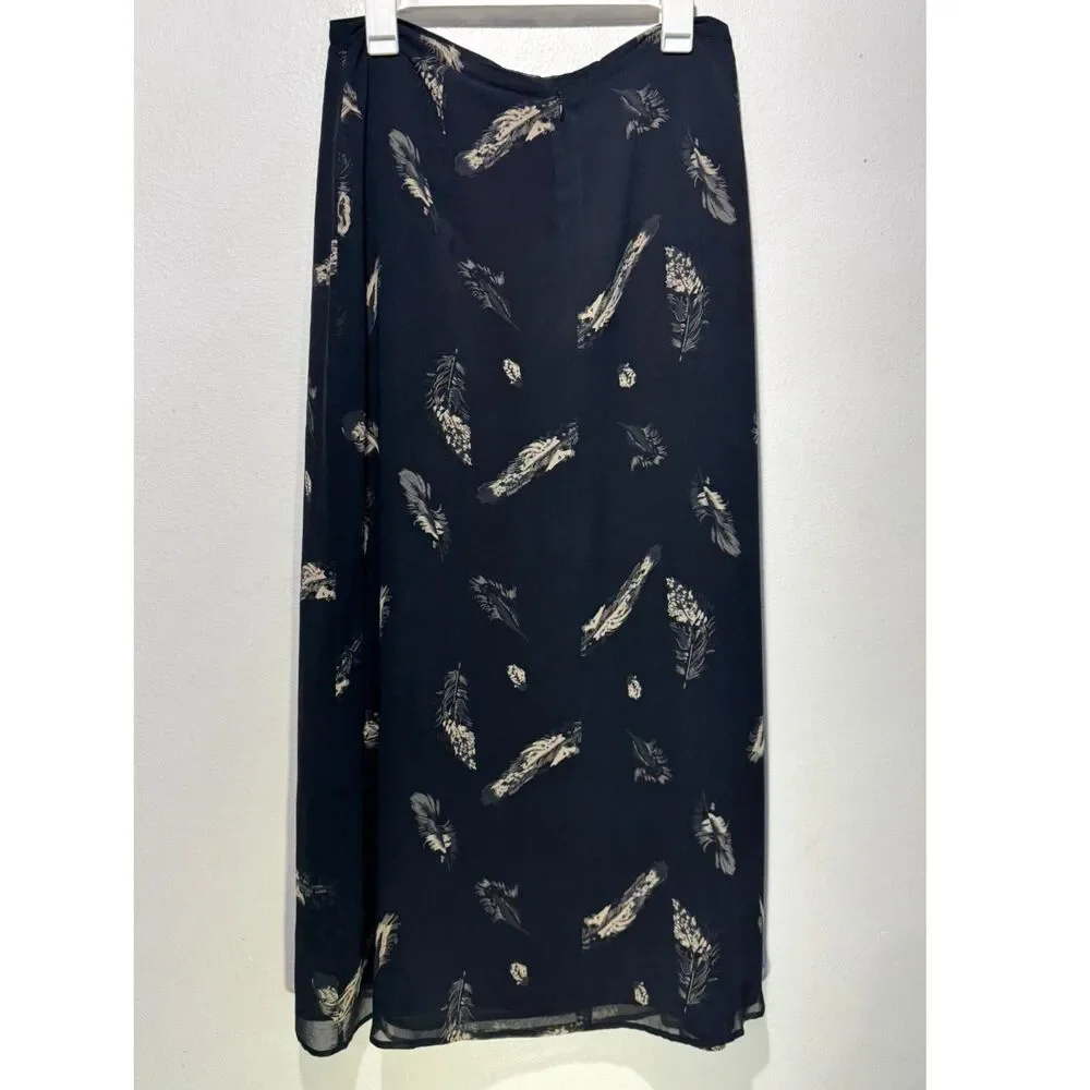 Vantana 100% silk maxi skirt Y2K dark feather business career casual women 14